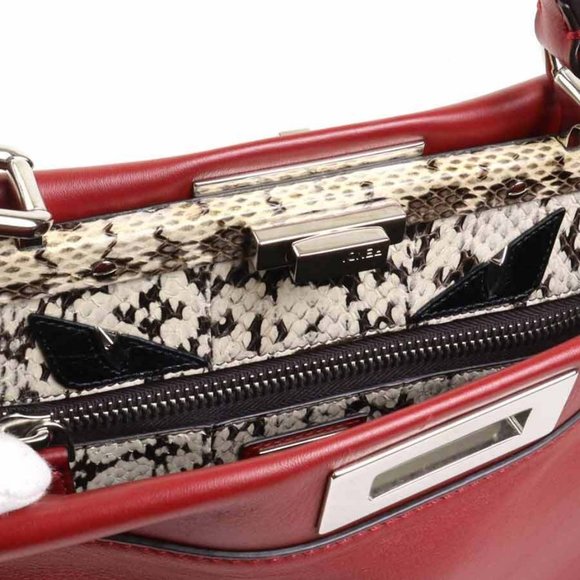 Authentic FENDI Peekaboo Handbag Shoulder Bag Dark Red Leather/Silvertone - Picture 7 of 16